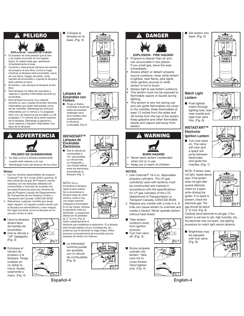 Peligro, Advertencia, Danger | Warning, Español-4, English-4 | Coleman QUICKPACK 5155 User Manual | Page 5 / 12