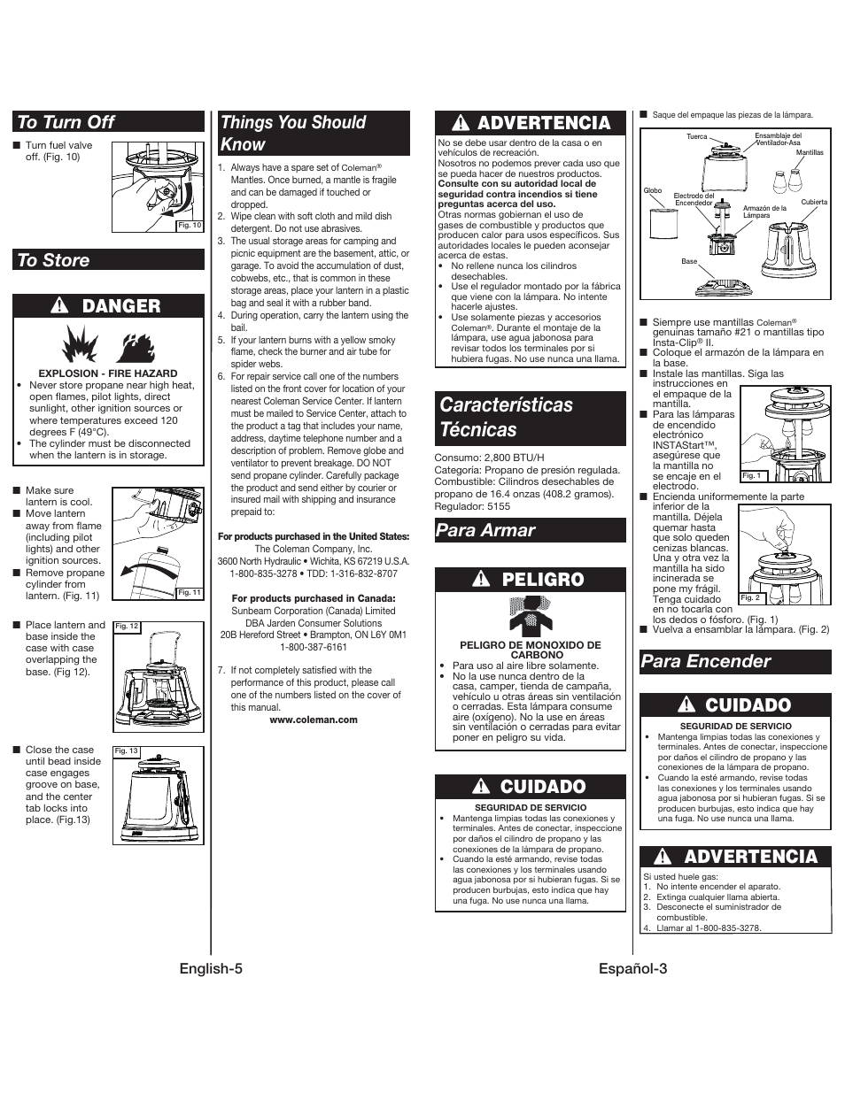 Características técnicas, Danger things you should know, Peligro cuidado cuidado advertencia | Para armar para encender, Advertencia, English-5, Español-3 | Coleman QUICKPACK 5155 User Manual | Page 6 / 12