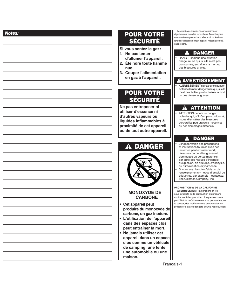 Danger, Pour votre sécurité, Danger avertissement attention | Coleman QUICKPACK 5155 User Manual | Page 9 / 12