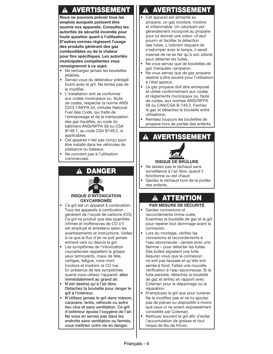 Avertissement, Attention, Danger | Coleman 9930 User Manual | Page 15 / 32