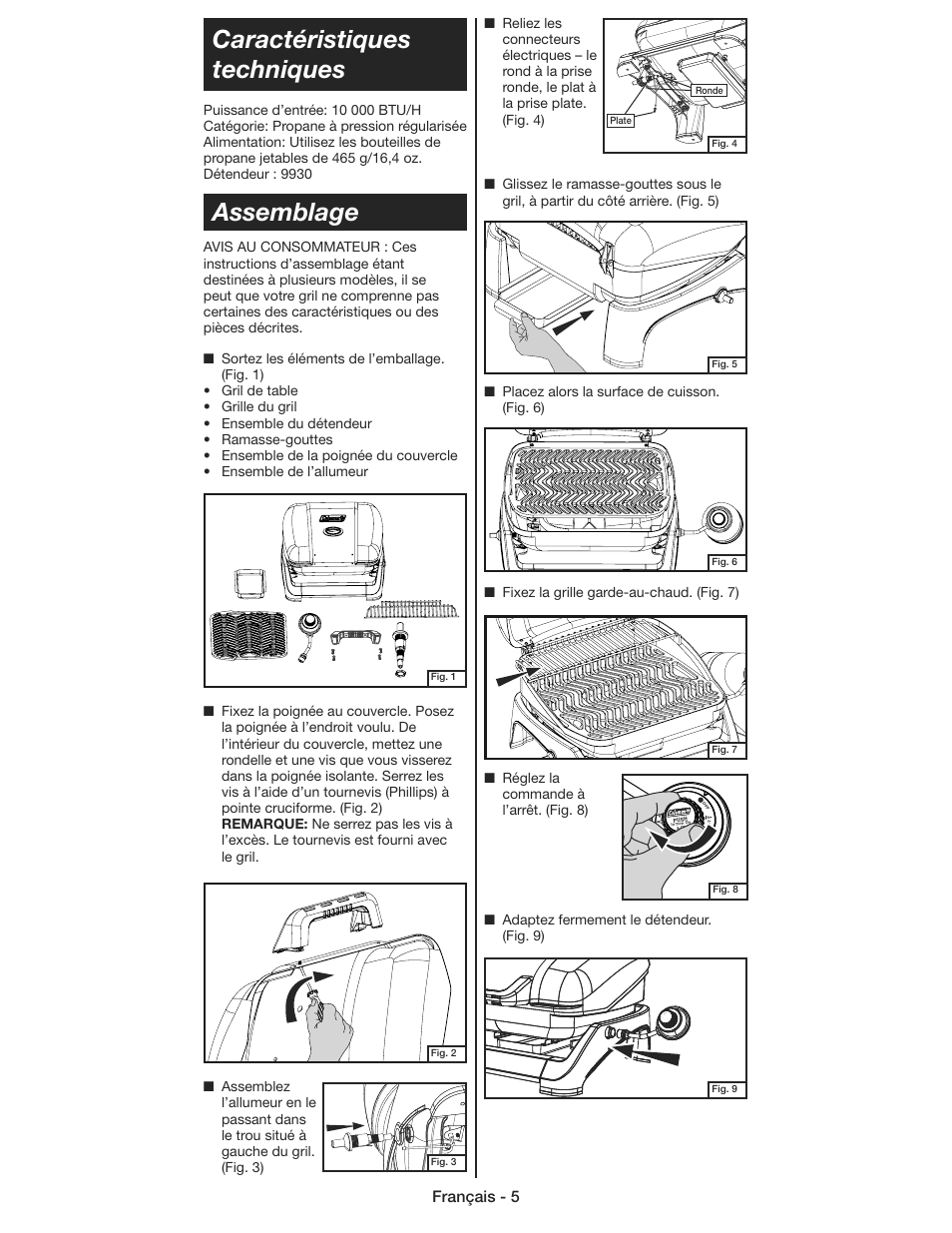 Caractéristiques techniques assemblage, Français - 5 | Coleman 9930 User Manual | Page 16 / 32