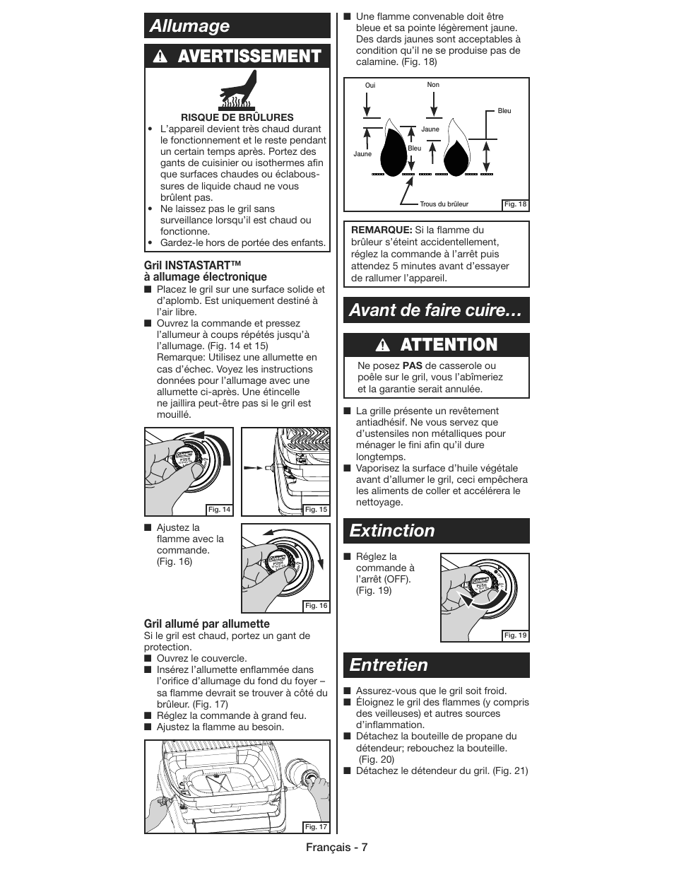 Attention, Avant de faire cuire… extinction, Entretien | Avertissement allumage, Français - 7, Gril instastart™ à allumage électronique, Gril allumé par allumette | Coleman 9930 User Manual | Page 18 / 32