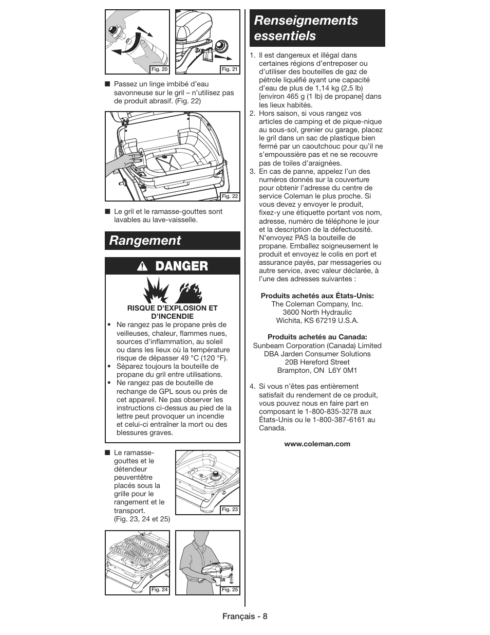 Danger renseignements essentiels, Rangement | Coleman 9930 User Manual | Page 19 / 32