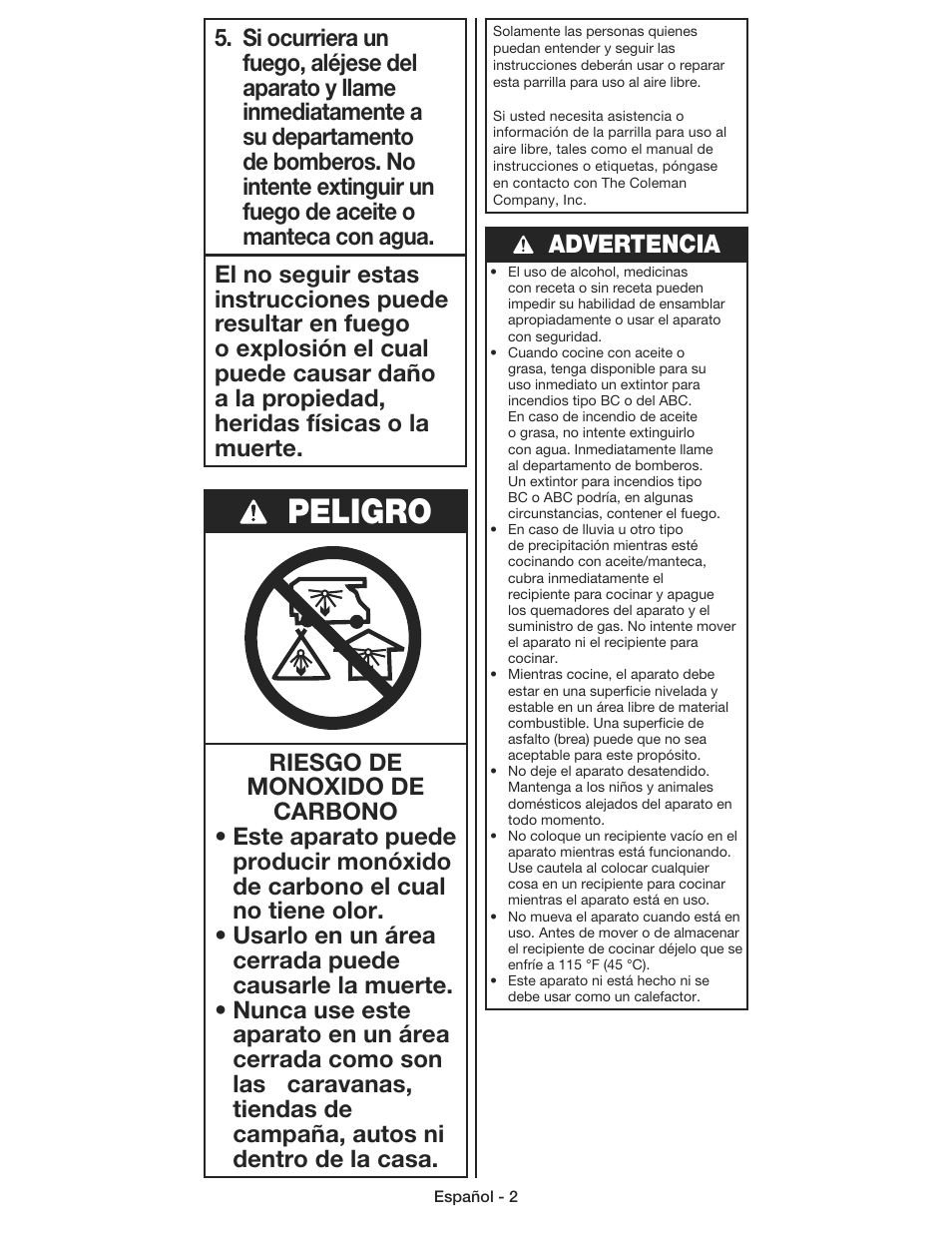 Peligro, Advertencia | Coleman 9930 User Manual | Page 23 / 32