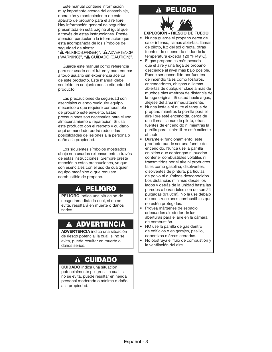 Peligro, Advertencia, Cuidado | Coleman 9930 User Manual | Page 24 / 32