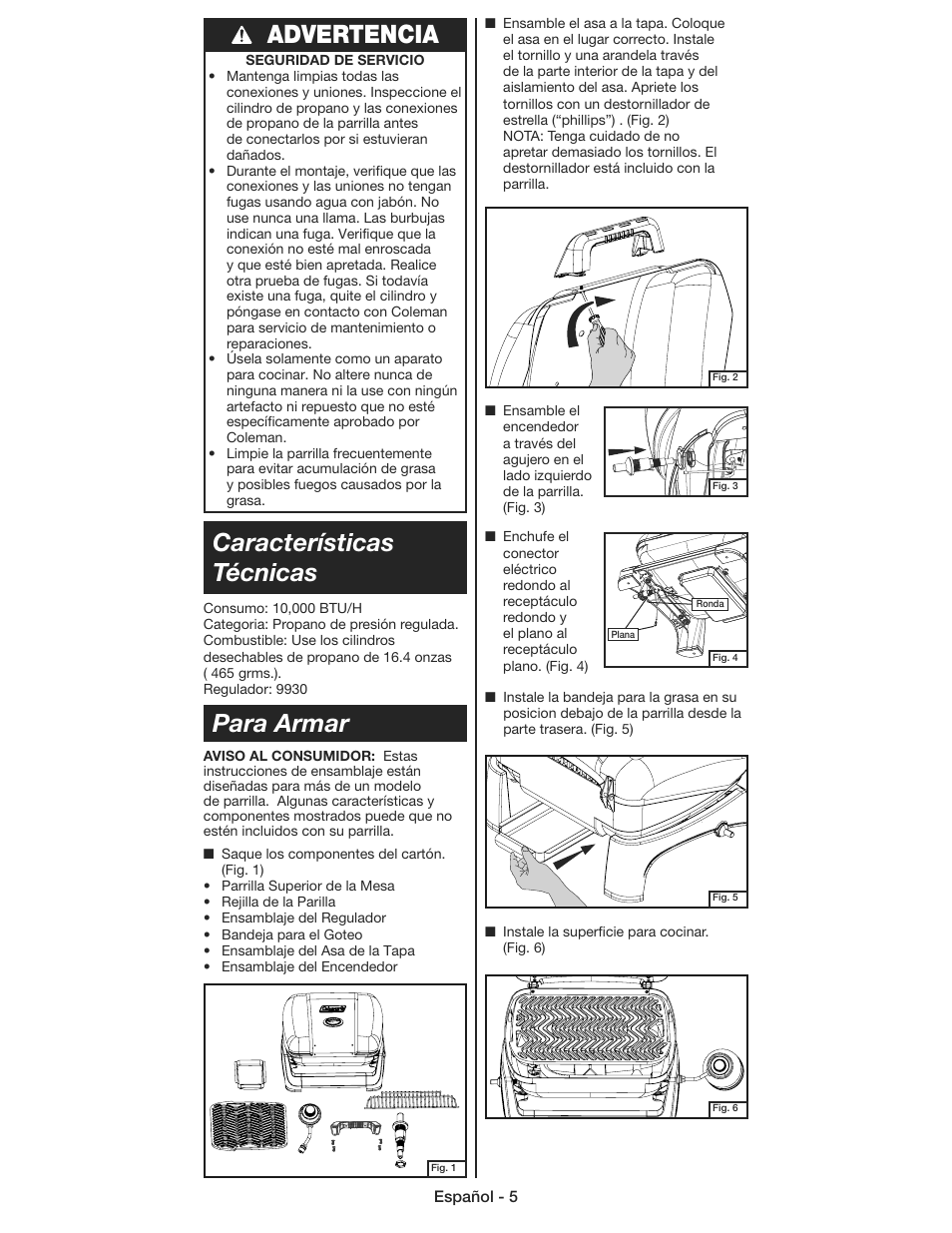 Advertencia para armar características técnicas | Coleman 9930 User Manual | Page 26 / 32