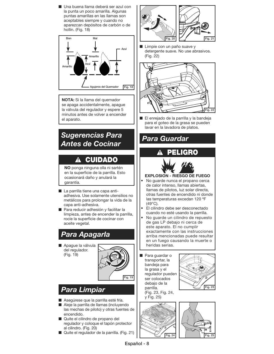 Cuidado, Para guardar | Coleman 9930 User Manual | Page 29 / 32