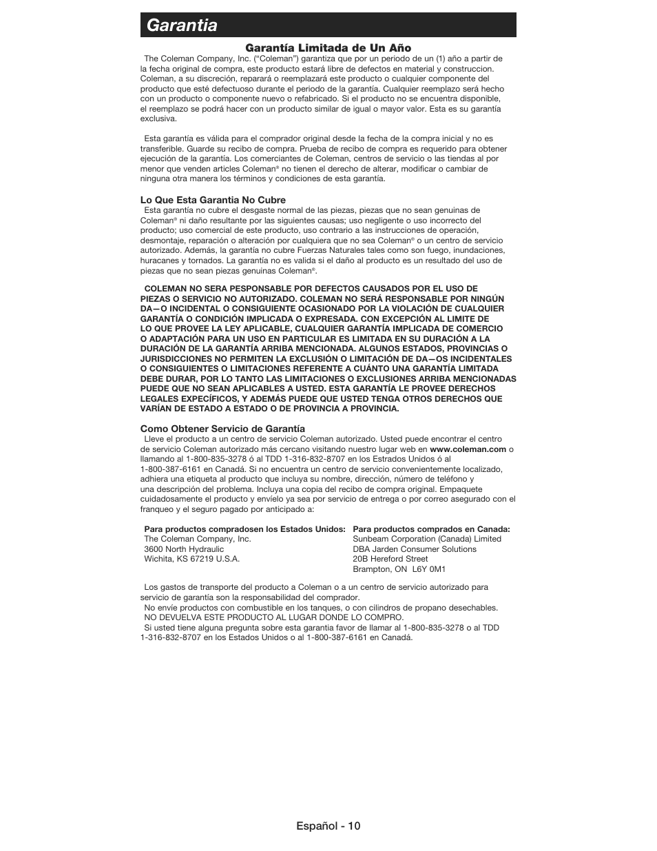 Garantia, Español - 10 garantía limitada de un año | Coleman 9930 User Manual | Page 31 / 32