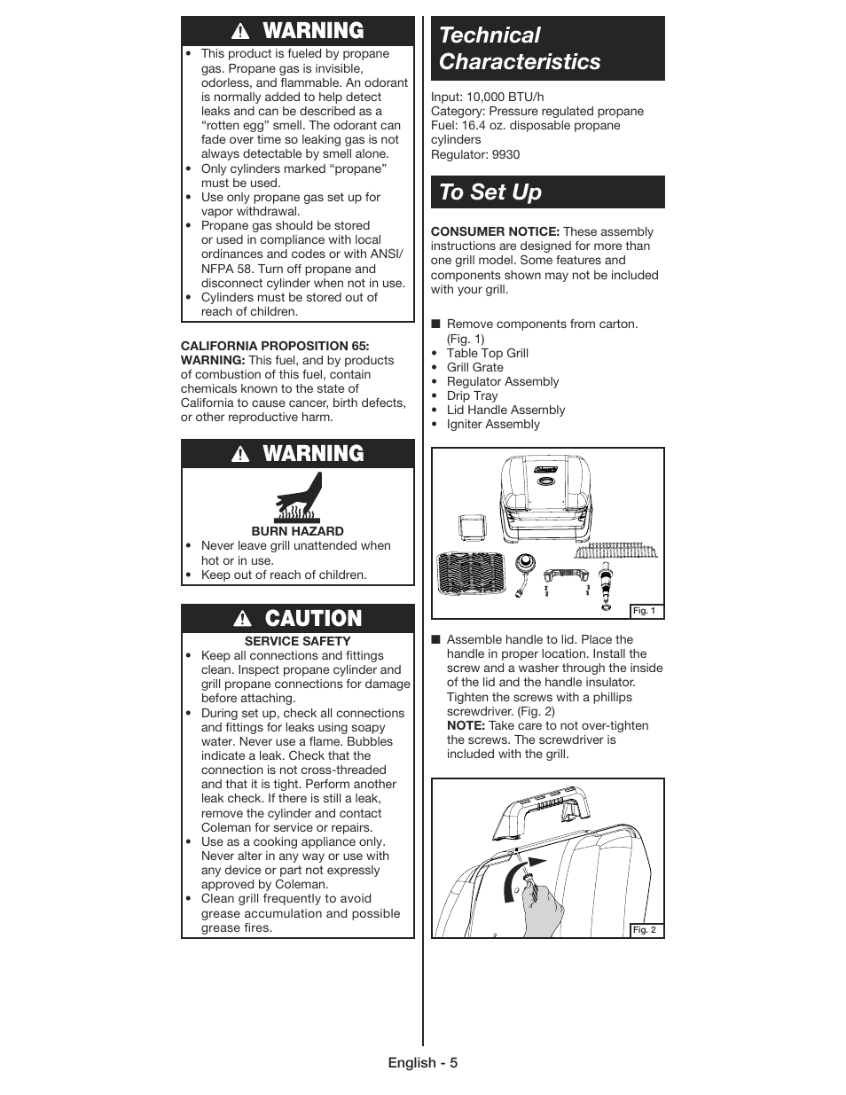 Warning, Caution technical characteristics to set up | Coleman 9930 User Manual | Page 5 / 32