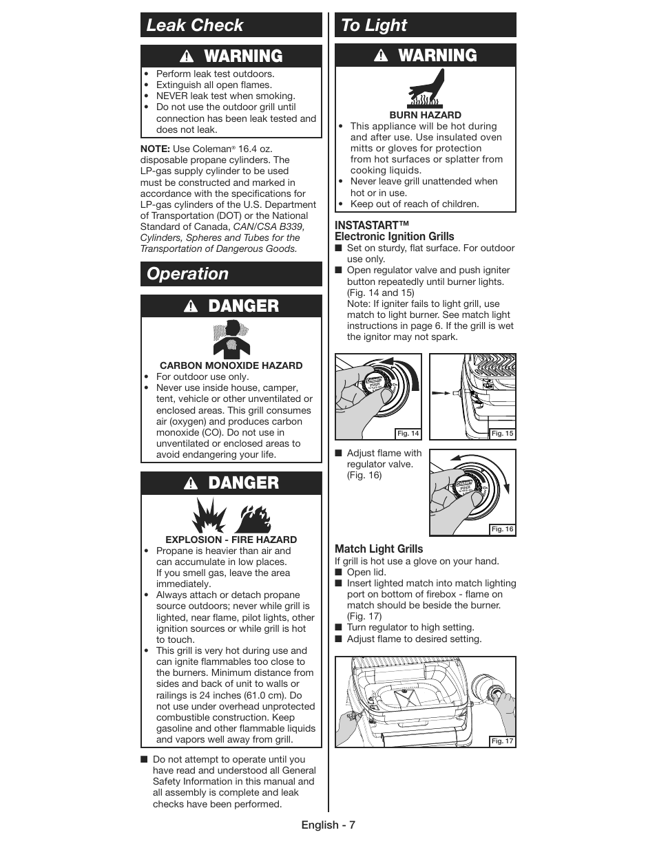 Operation to light, Danger, Warning leak check | Warning | Coleman 9930 User Manual | Page 7 / 32