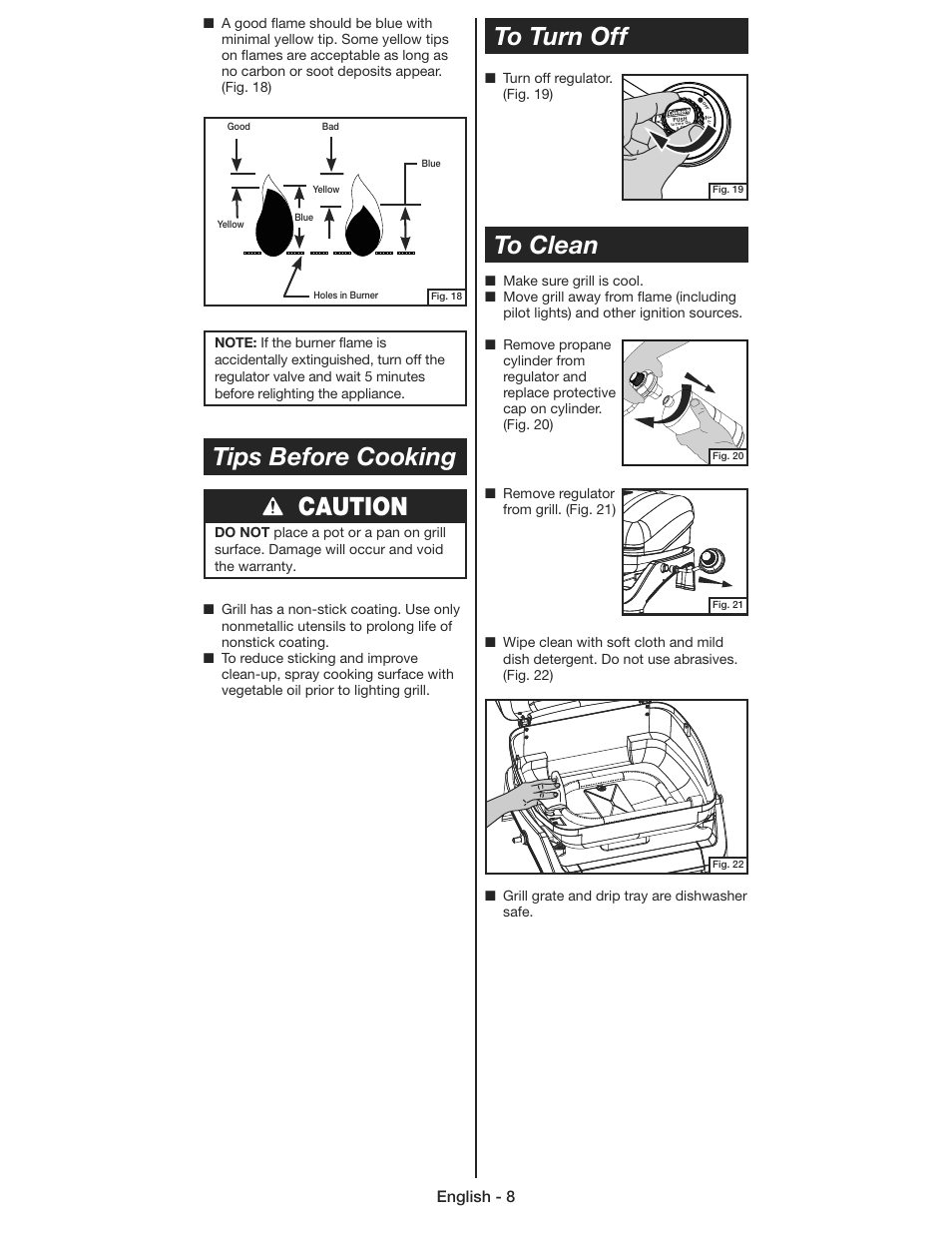 Tips before cooking, Caution to clean to turn off | Coleman 9930 User Manual | Page 8 / 32