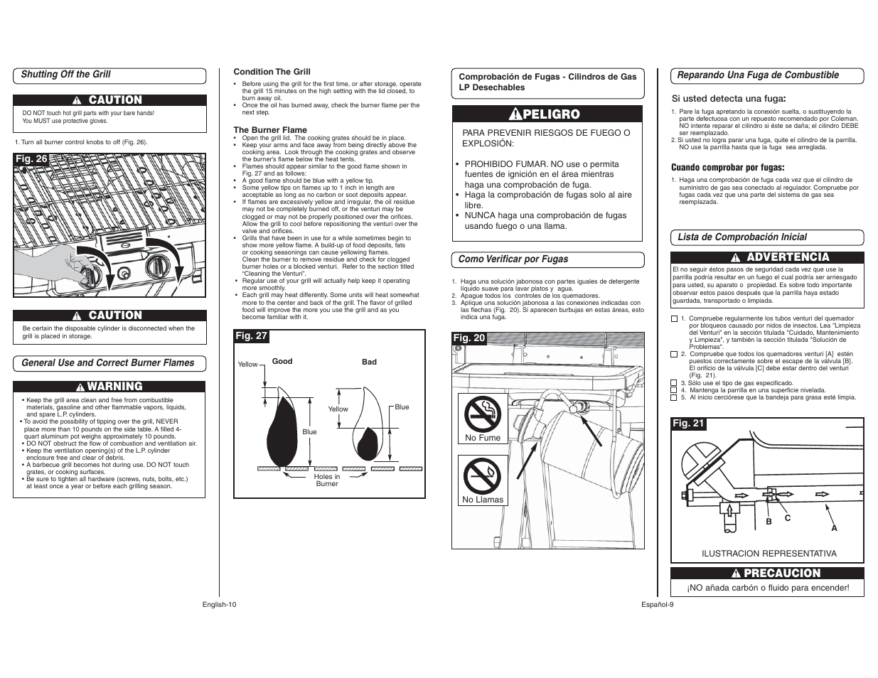 Peligro, Advertencia, Precaucion | Caution, Warning | Coleman 9928 User Manual | Page 10 / 26