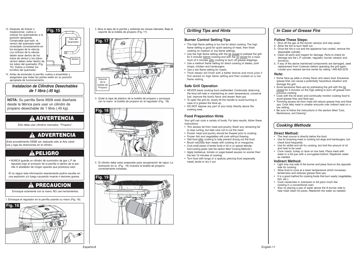 Advertencia, Peligro, Precaucion | Coleman 9928 User Manual | Page 11 / 26