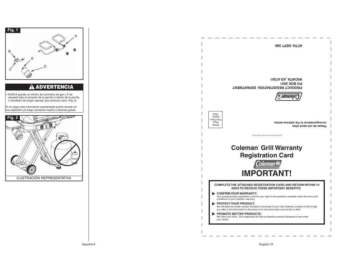 Important, Coleman, Grill warranty registration card | Advertencia | Coleman 9928 User Manual | Page 15 / 26