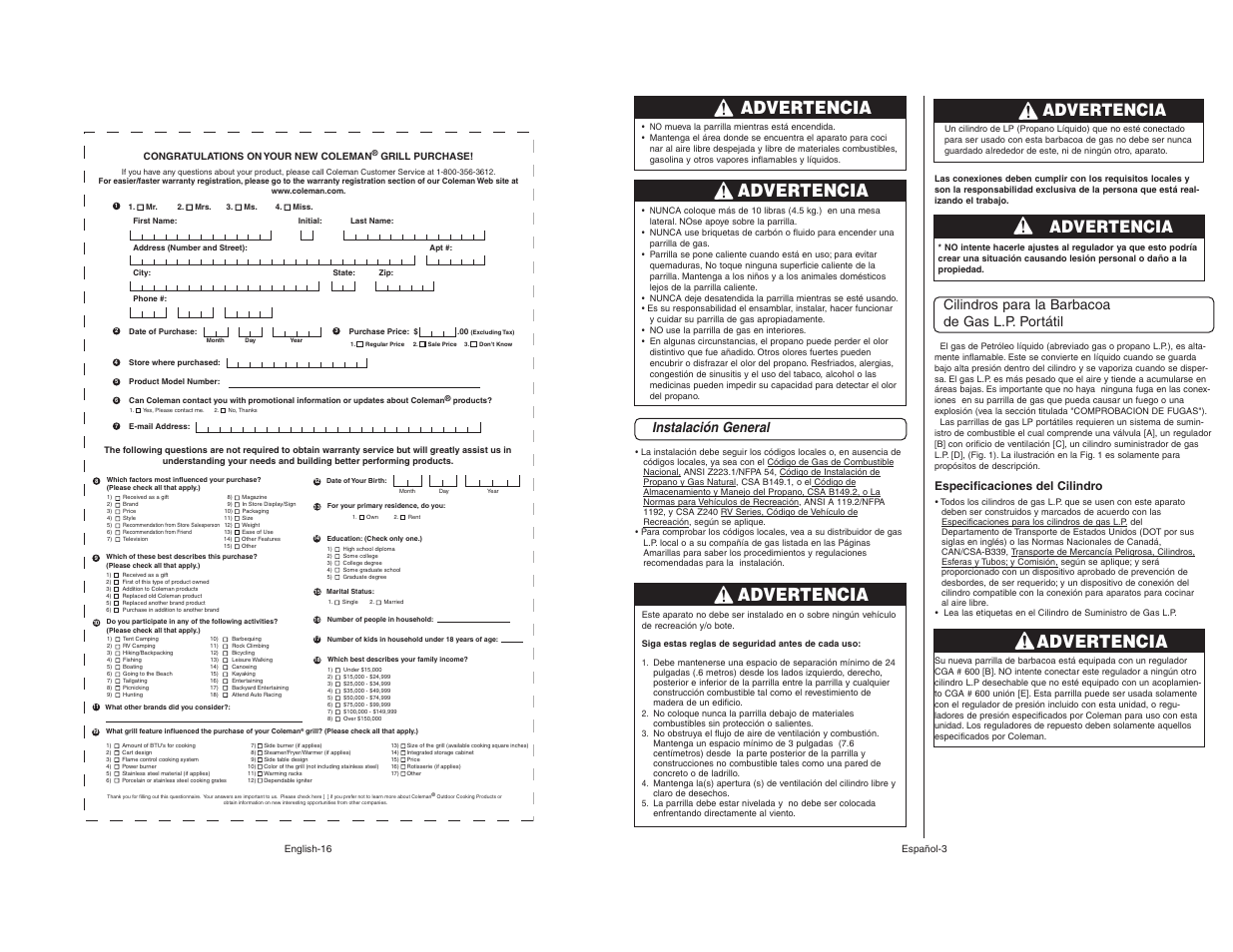 Advertencia, Instalación general, Cilindros para la barbacoa de gas l.p. portátil | Especificaciones del cilindro | Coleman 9928 User Manual | Page 16 / 26