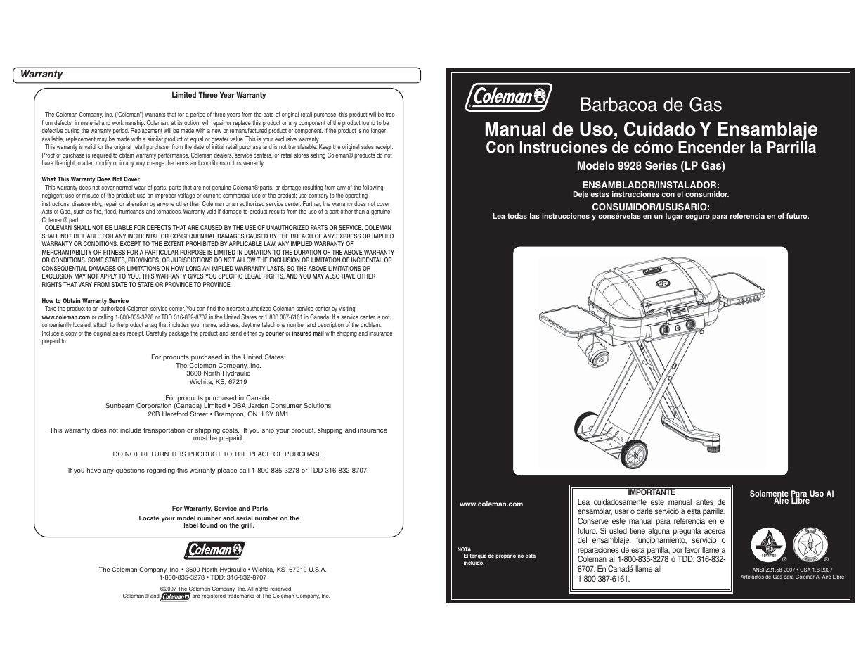 Con instruciones de cómo encender la parrilla, Modelo 9928 series (lp gas) | Coleman 9928 User Manual | Page 18 / 26