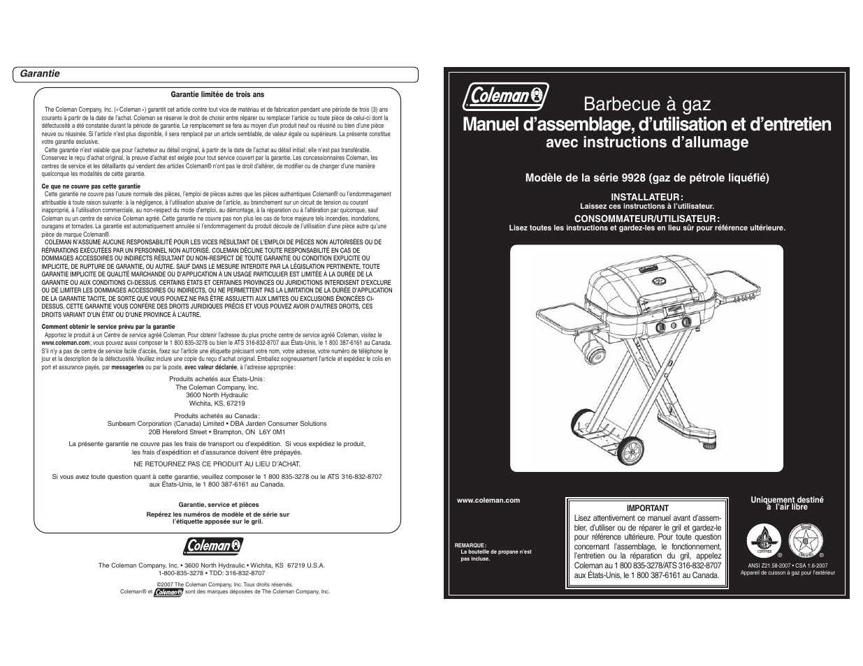 Avec instructions d’allumage, Modèle de la série 9928 (gaz de pétrole liquéfié) | Coleman 9928 User Manual | Page 19 / 26