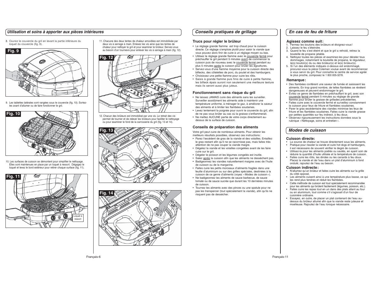 Conseils pratiques de grillage, Modes de cuisson en cas de feu de friture | Coleman 9928 User Manual | Page 24 / 26