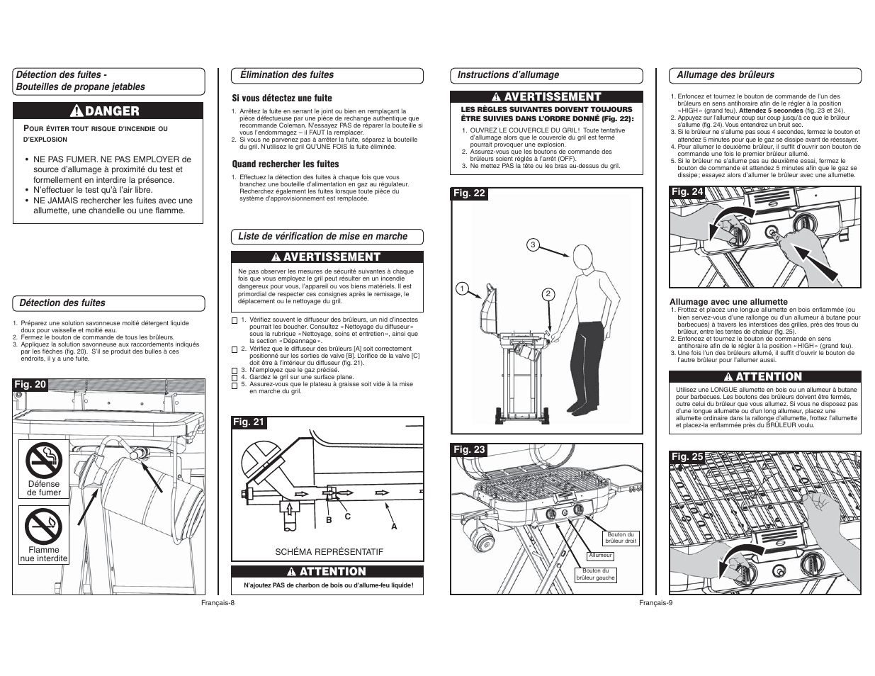 Danger, Avertissement, Attention | Coleman 9928 User Manual | Page 26 / 26