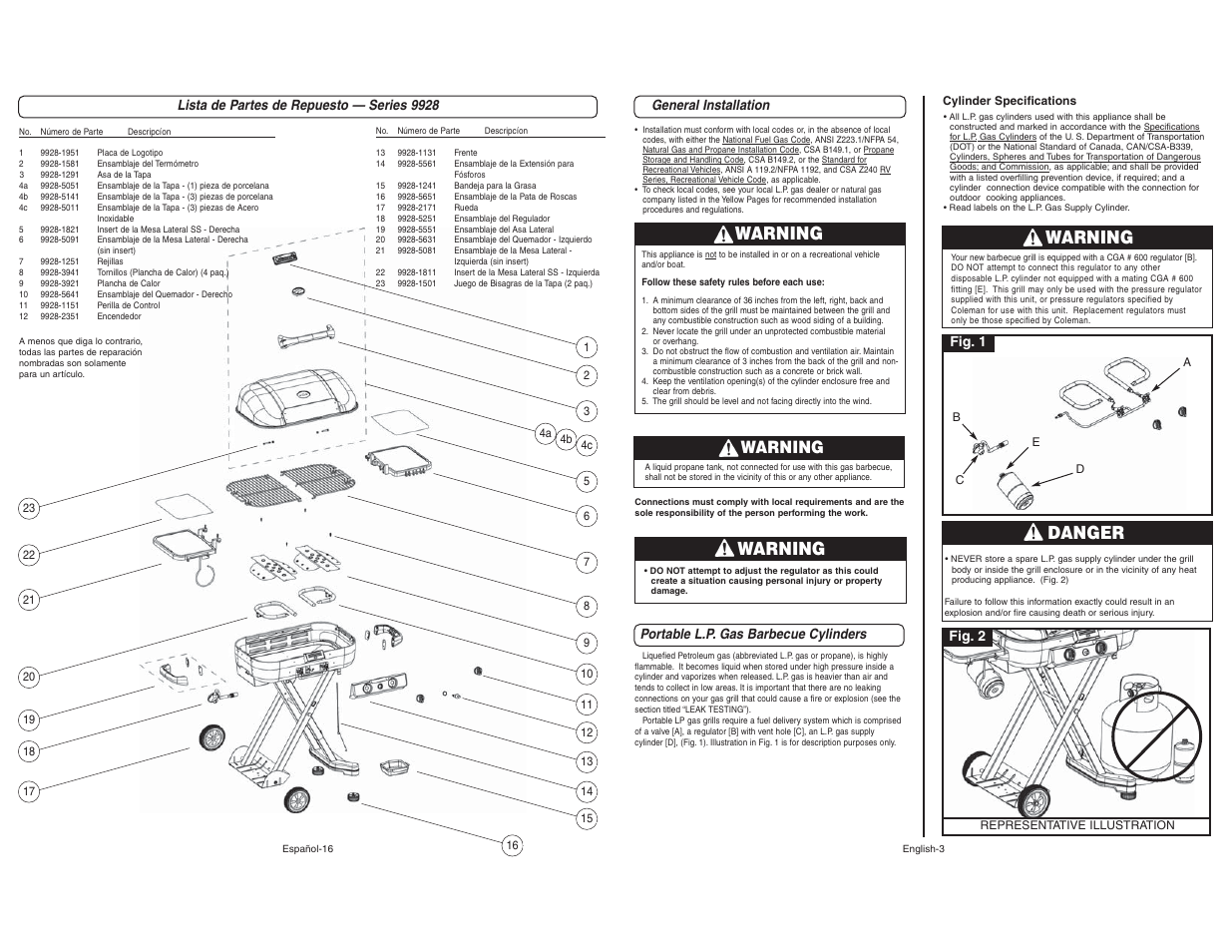 Warning, Danger | Coleman 9928 User Manual | Page 3 / 26