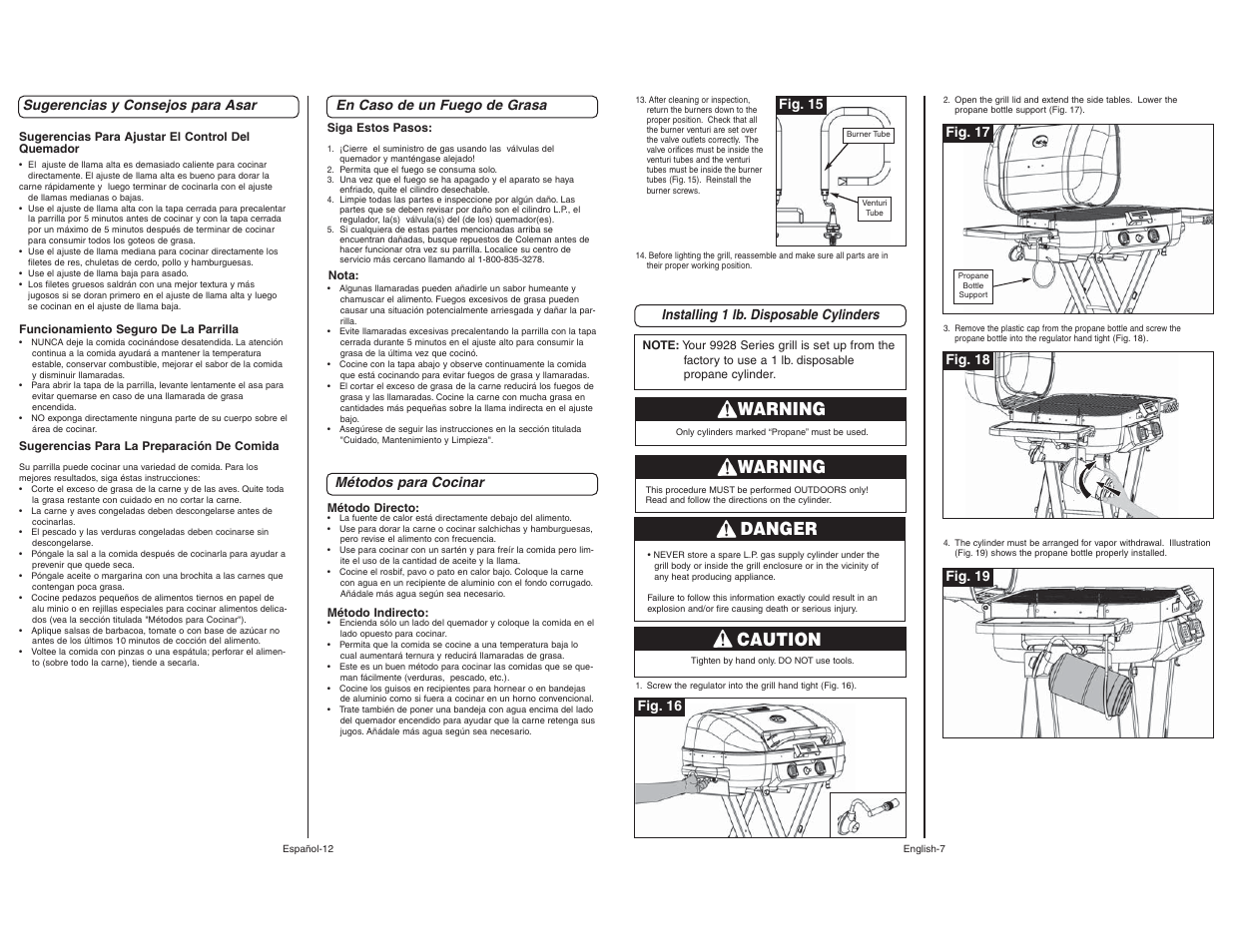 Warning, Danger, Caution | Sugerencias y consejos para asar, Métodos para cocinar en caso de un fuego de grasa, Installing 1 lb. disposable cylinders | Coleman 9928 User Manual | Page 7 / 26