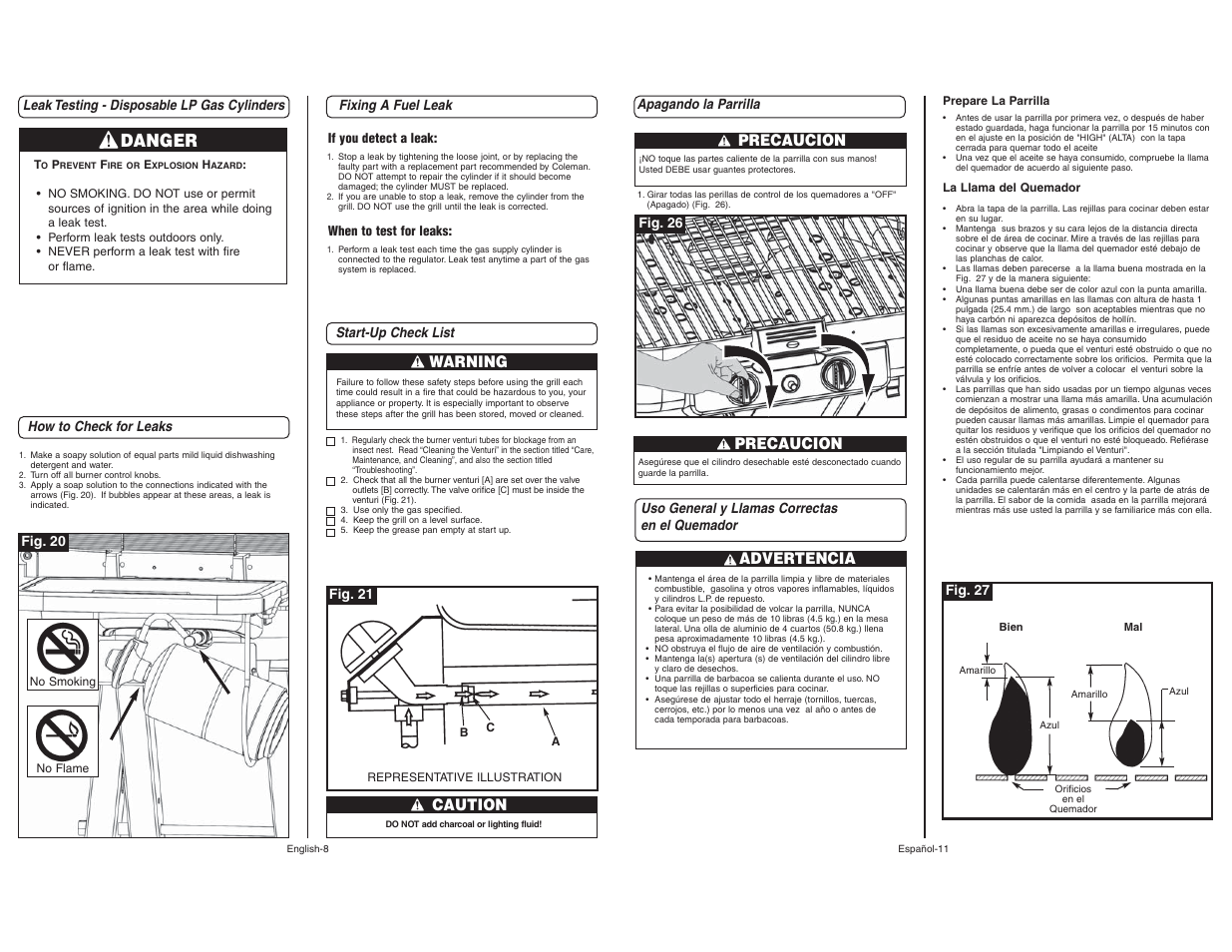 Danger, Precaucion, Advertencia | Warning, Caution | Coleman 9928 User Manual | Page 8 / 26