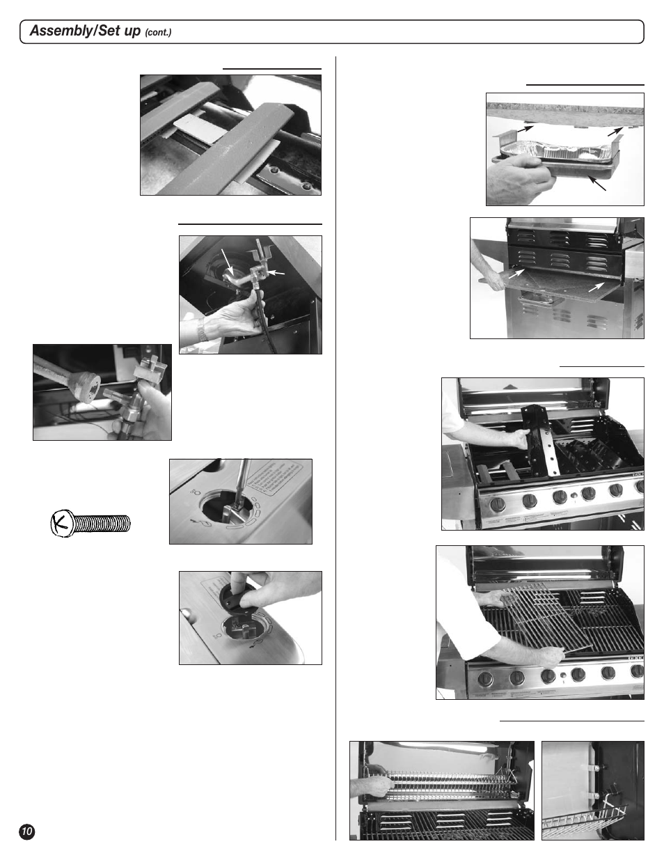 Assembly/set up, Burner tents & grates, Warming rack | Hose routing, Grease pan & grease tray, Burner assembly | Coleman 9947A726 User Manual | Page 10 / 20