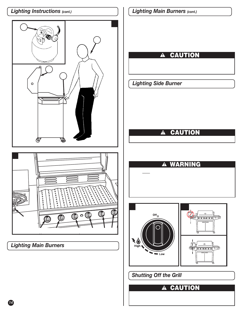 Caution, Warning, Shutting off the grill | Lighting main burners lighting side burner, Lighting instructions, Lighting main burners | Coleman 9947A726 User Manual | Page 14 / 20