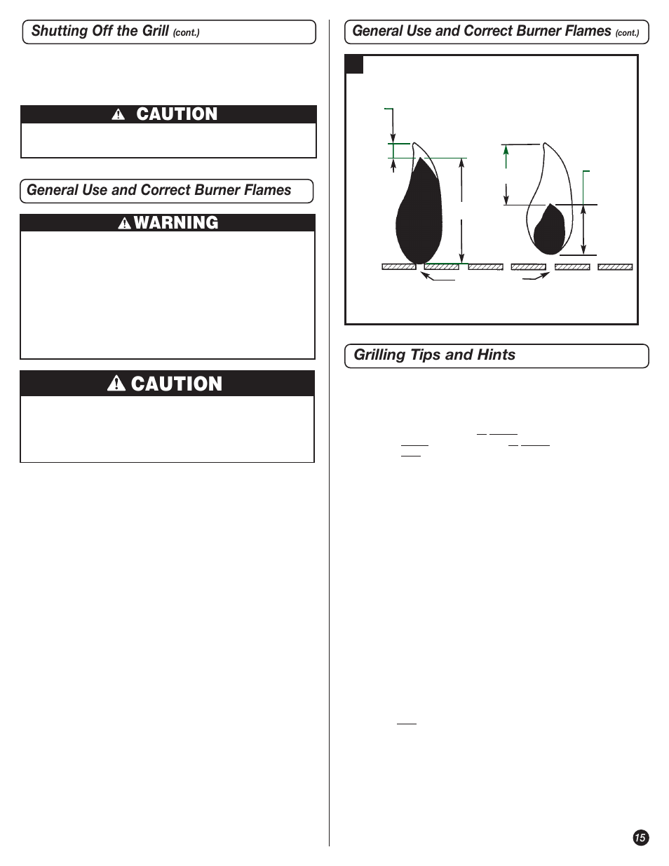 Caution, Warning, Grilling tips and hints | General use and correct burner flames | Coleman 9947A726 User Manual | Page 15 / 20