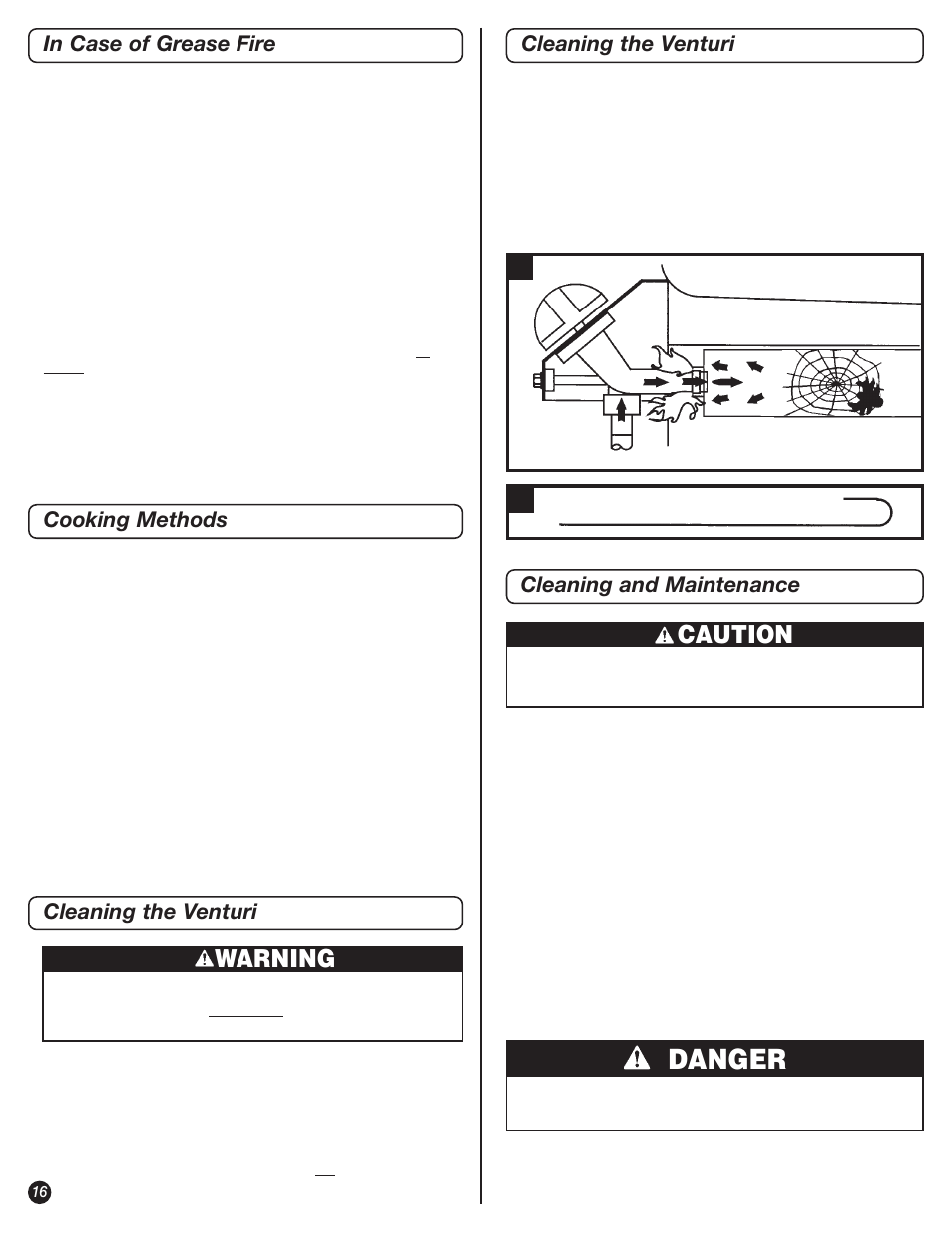 Danger, Warning, Caution | Cooking methods, Cleaning the venturi, Cleaning and maintenance | Coleman 9947A726 User Manual | Page 16 / 20