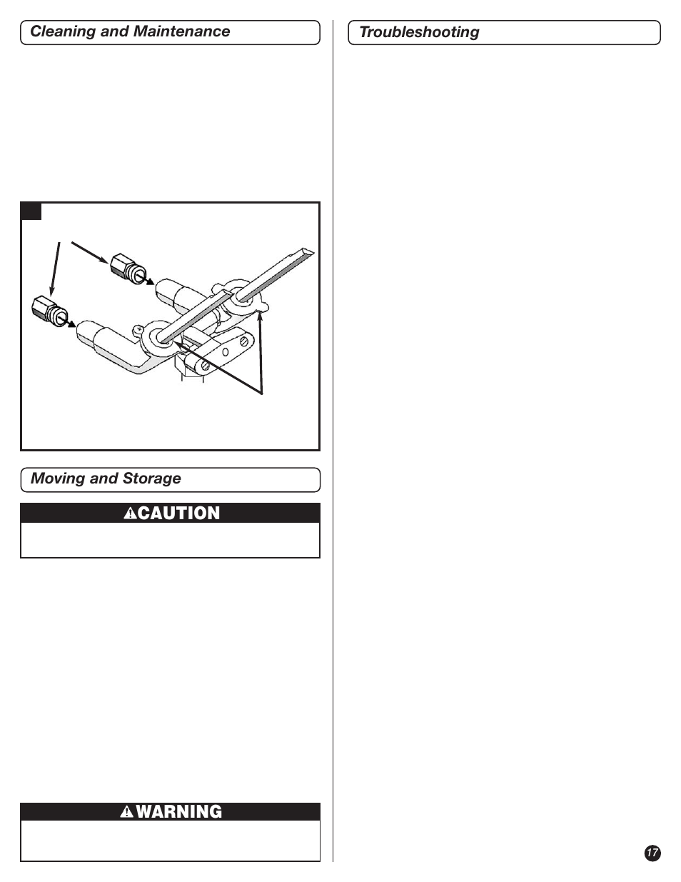 Caution, Warning, Troubleshooting | Moving and storage, Representative illustration, Cleaning and maintenance | Coleman 9947A726 User Manual | Page 17 / 20