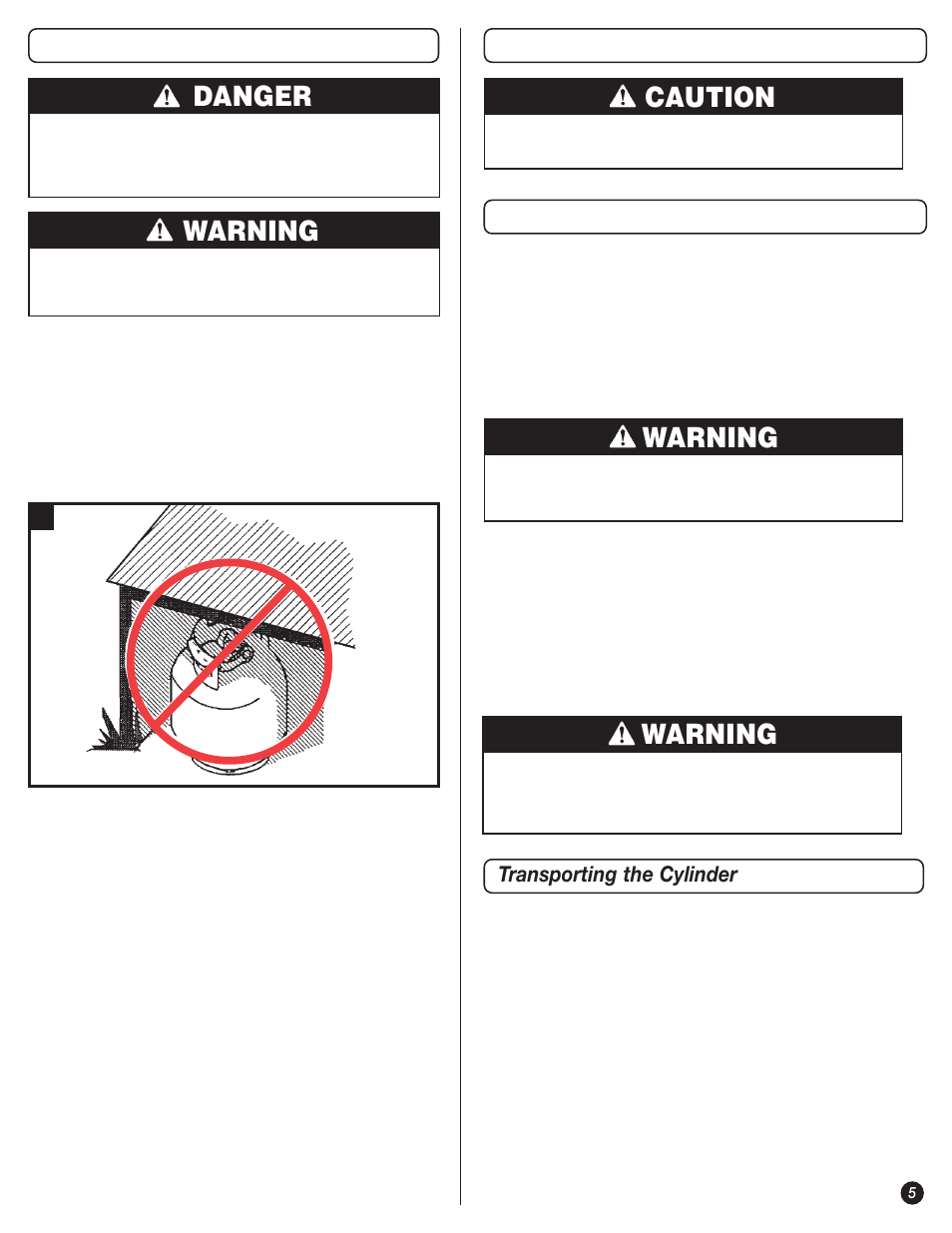 Danger, Warning, Caution | Portable l.p. gas barbecue cylinders, Hose and regulator, Transporting the cylinder | Coleman 9947A726 User Manual | Page 5 / 20