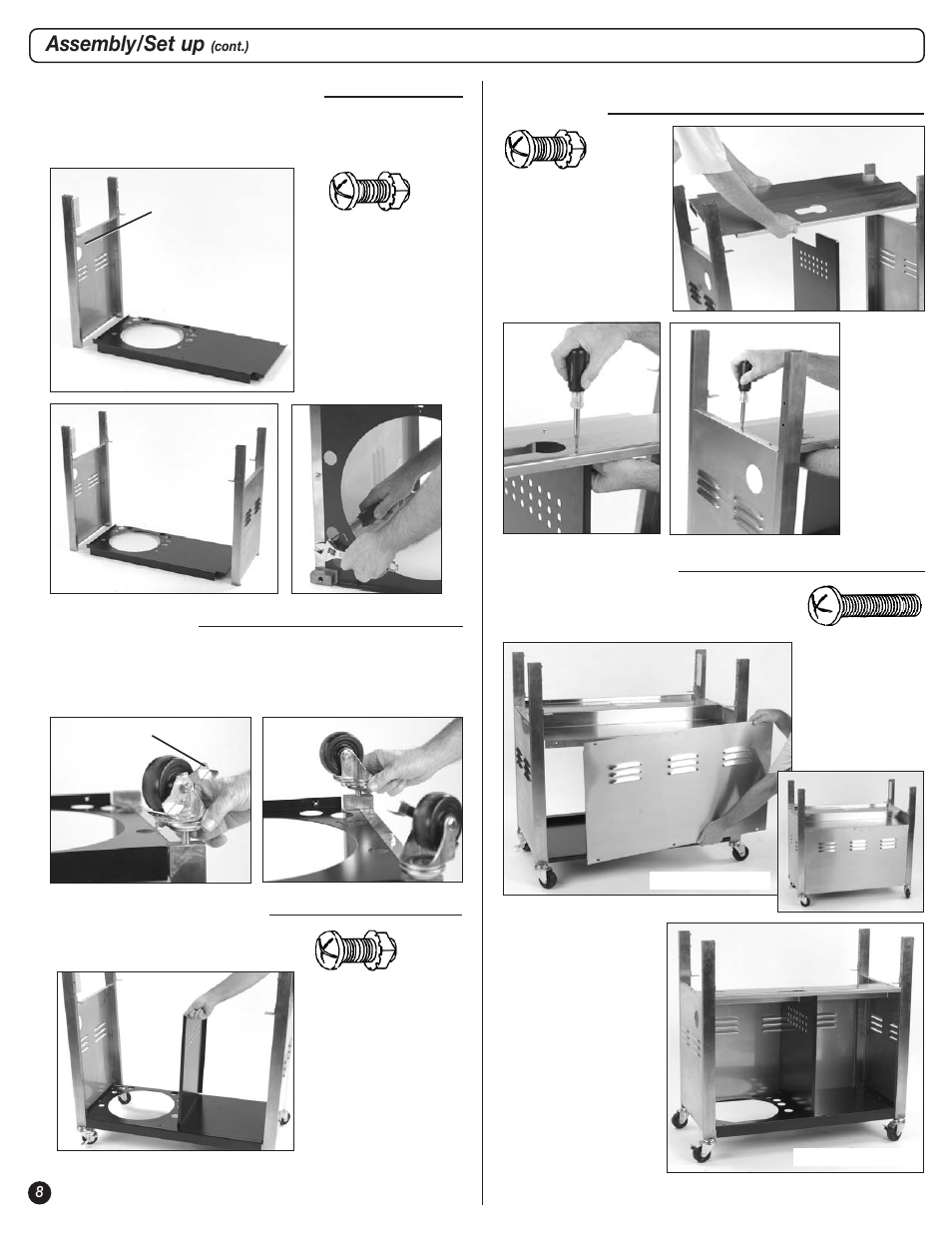 Assembly/set up, Bottom & side panels, Middle divider | Casters, Back panel, Top panel | Coleman 9947A726 User Manual | Page 8 / 20