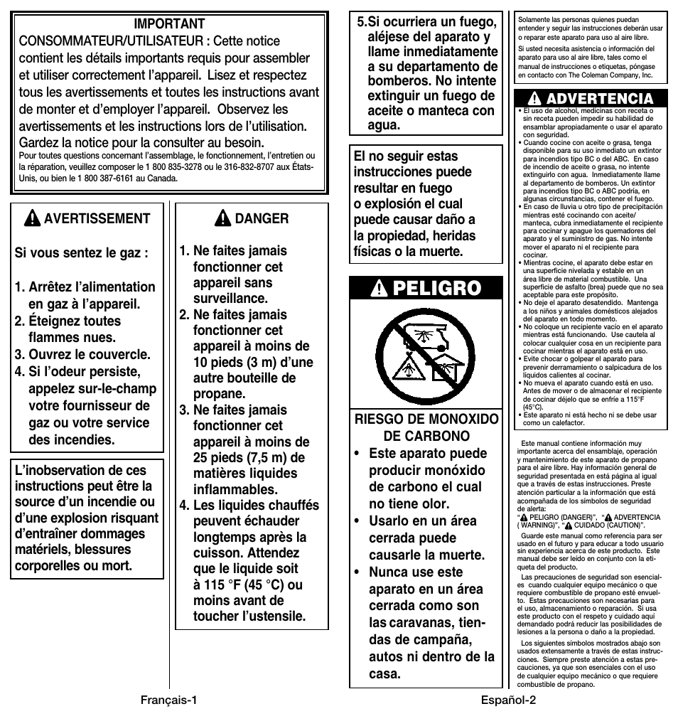 Peligro, Advertencia | Coleman 9914 User Manual | Page 10 / 14