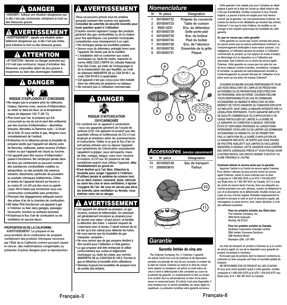 Nomenclature garantie accessoires, Français-3, Français-8 | Coleman 9914 User Manual | Page 12 / 14