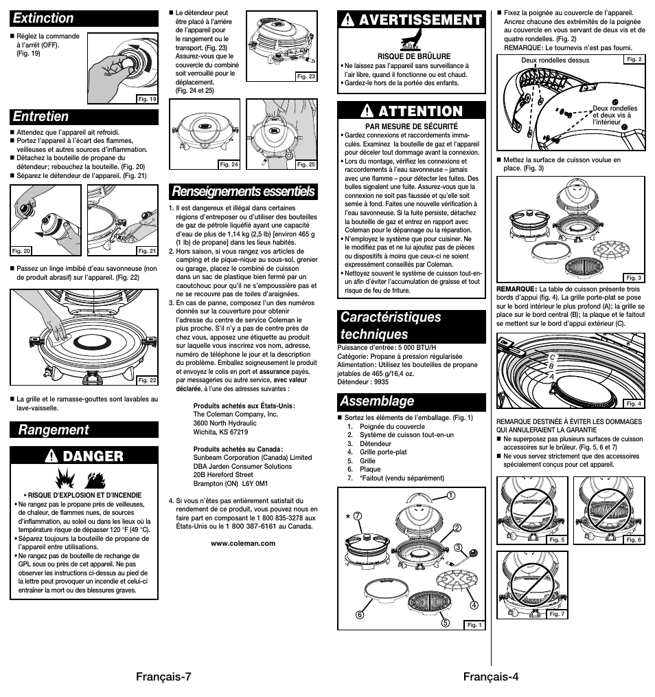 Extinction entretien renseignements essentiels, Rangement, Danger | Français-7 français-4 | Coleman 9914 User Manual | Page 13 / 14