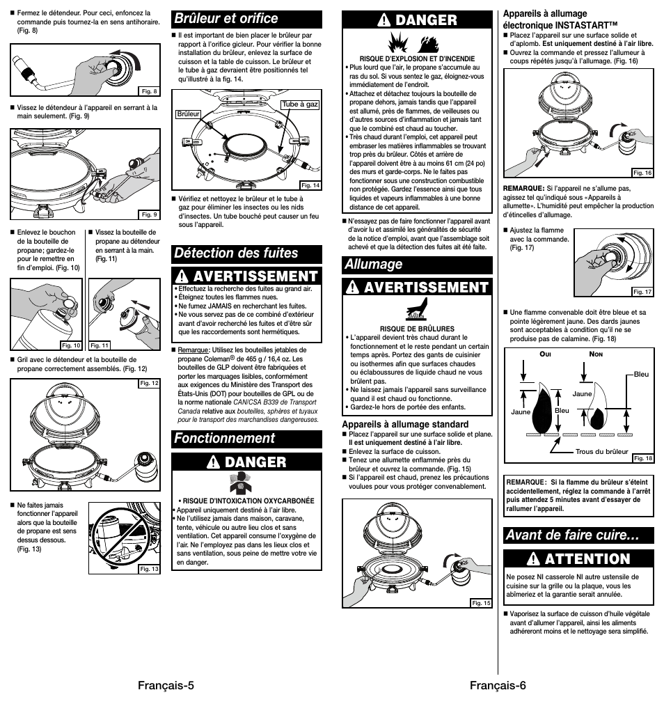 Allumage avertissement danger attention, Avant de faire cuire, Français-5 | Français-6 | Coleman 9914 User Manual | Page 14 / 14