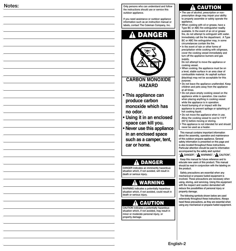 Danger, Caution, Caution danger warning | Coleman 9914 User Manual | Page 3 / 14