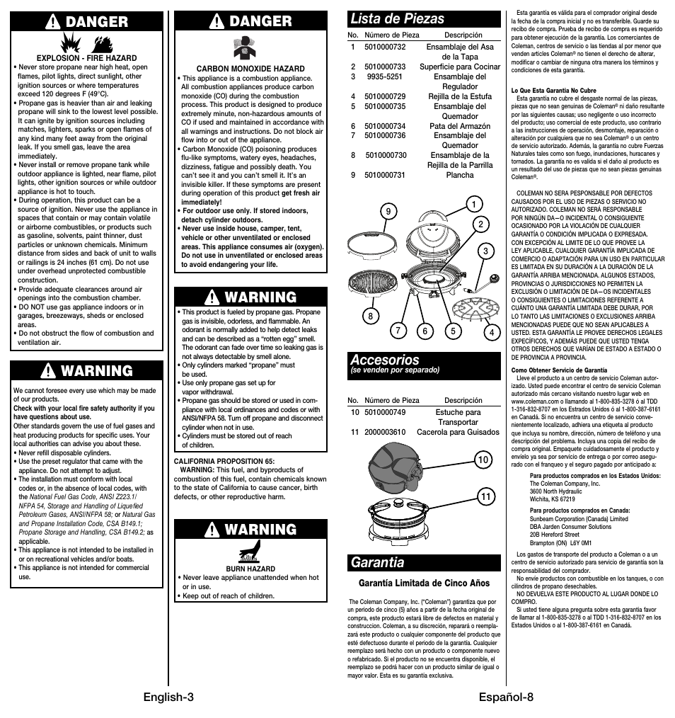 Danger, Danger warning warning warning, Lista de piezas garantia accesorios | English-3, Español-8 | Coleman 9914 User Manual | Page 4 / 14