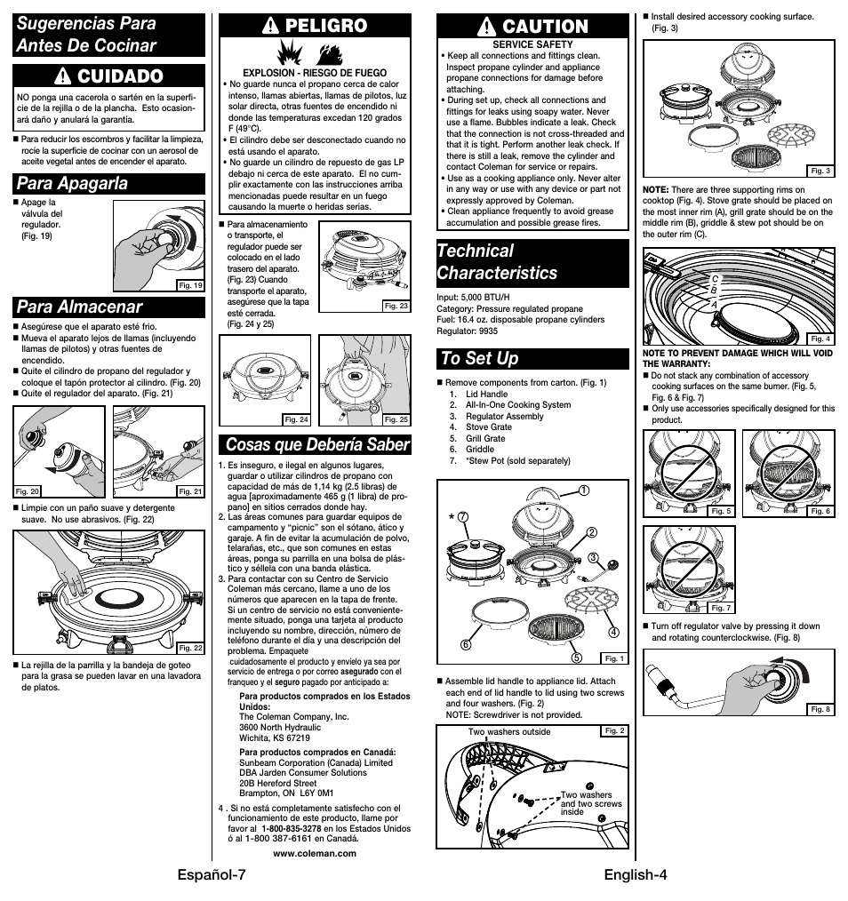 Cosas que debería saber, Cuidado, Peligro sugerencias para antes de cocinar | Para apagarla para almacenar, Technical characteristics, Caution, Español-7, English-4 | Coleman 9914 User Manual | Page 5 / 14