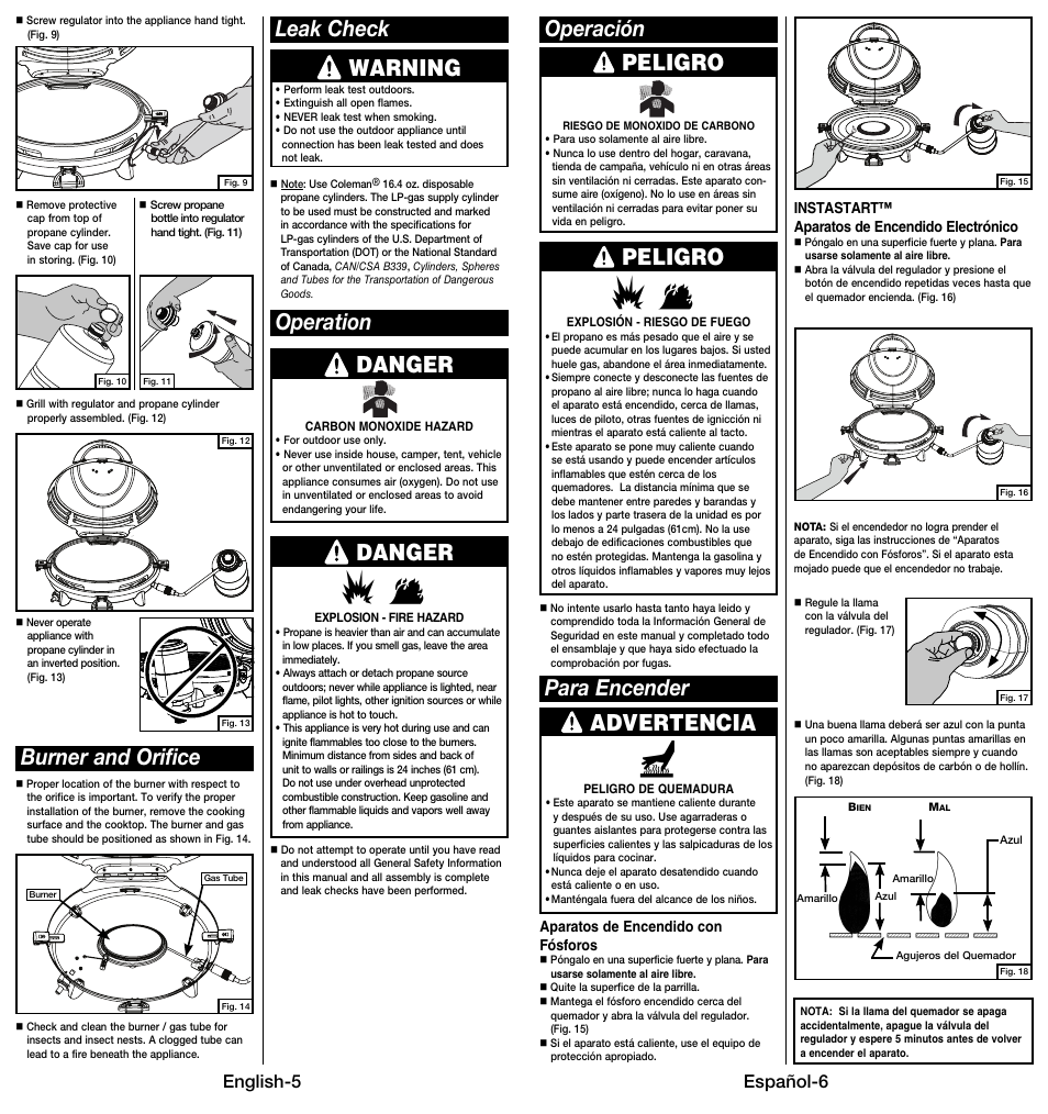Burner and orifice leak check operation, Warning danger danger, Operación para encender | Peligro, Advertencia, English-5, Español-6 | Coleman 9914 User Manual | Page 6 / 14