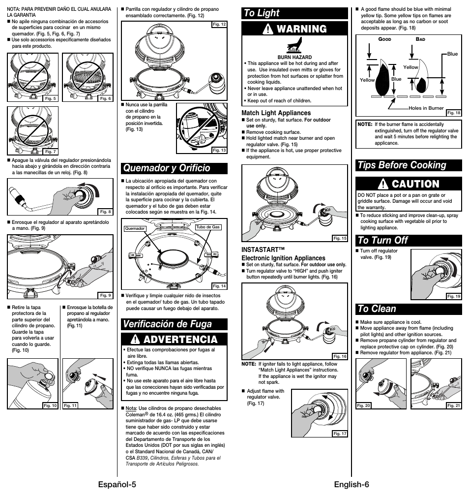 Verificación de fuga quemador y orificio, Advertencia, Warning | Caution, Español-5, English-6 | Coleman 9914 User Manual | Page 7 / 14