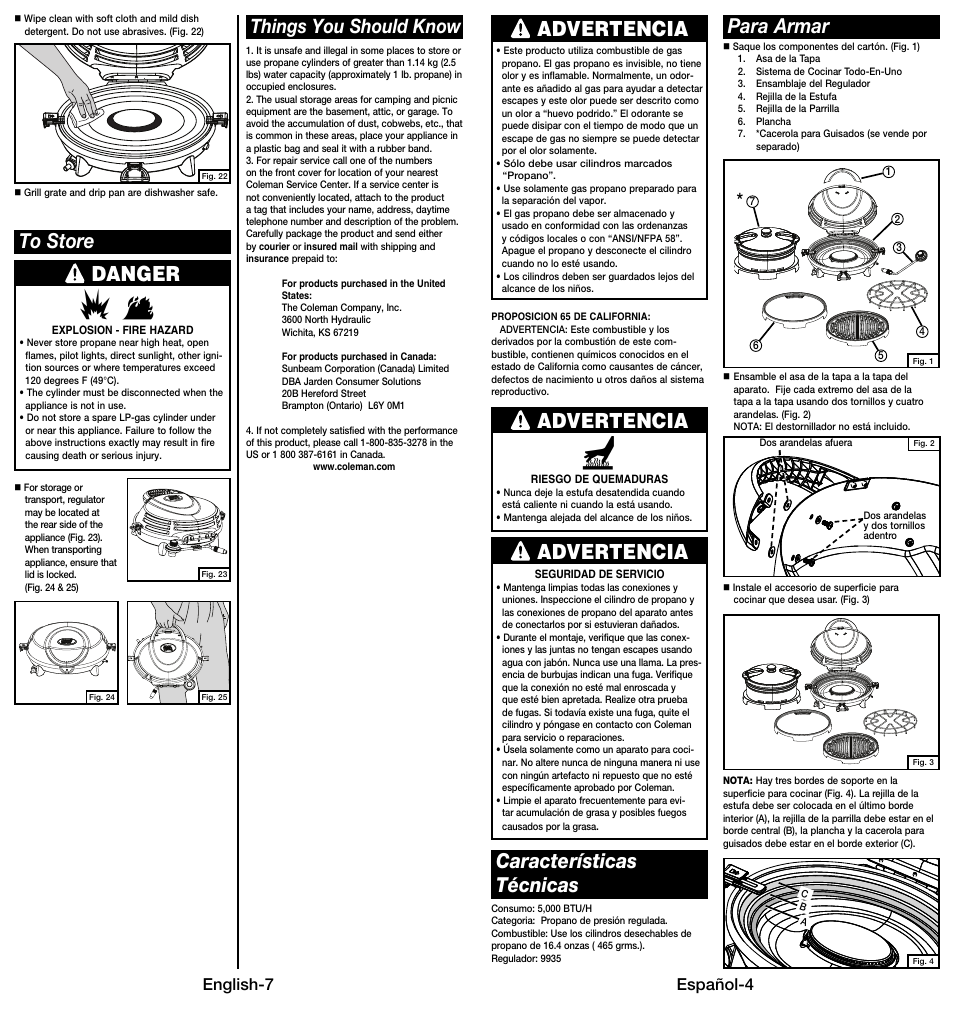Danger, Advertencia, Advertencia para armar características técnicas | Things you should know, English-7, Español-4 | Coleman 9914 User Manual | Page 8 / 14