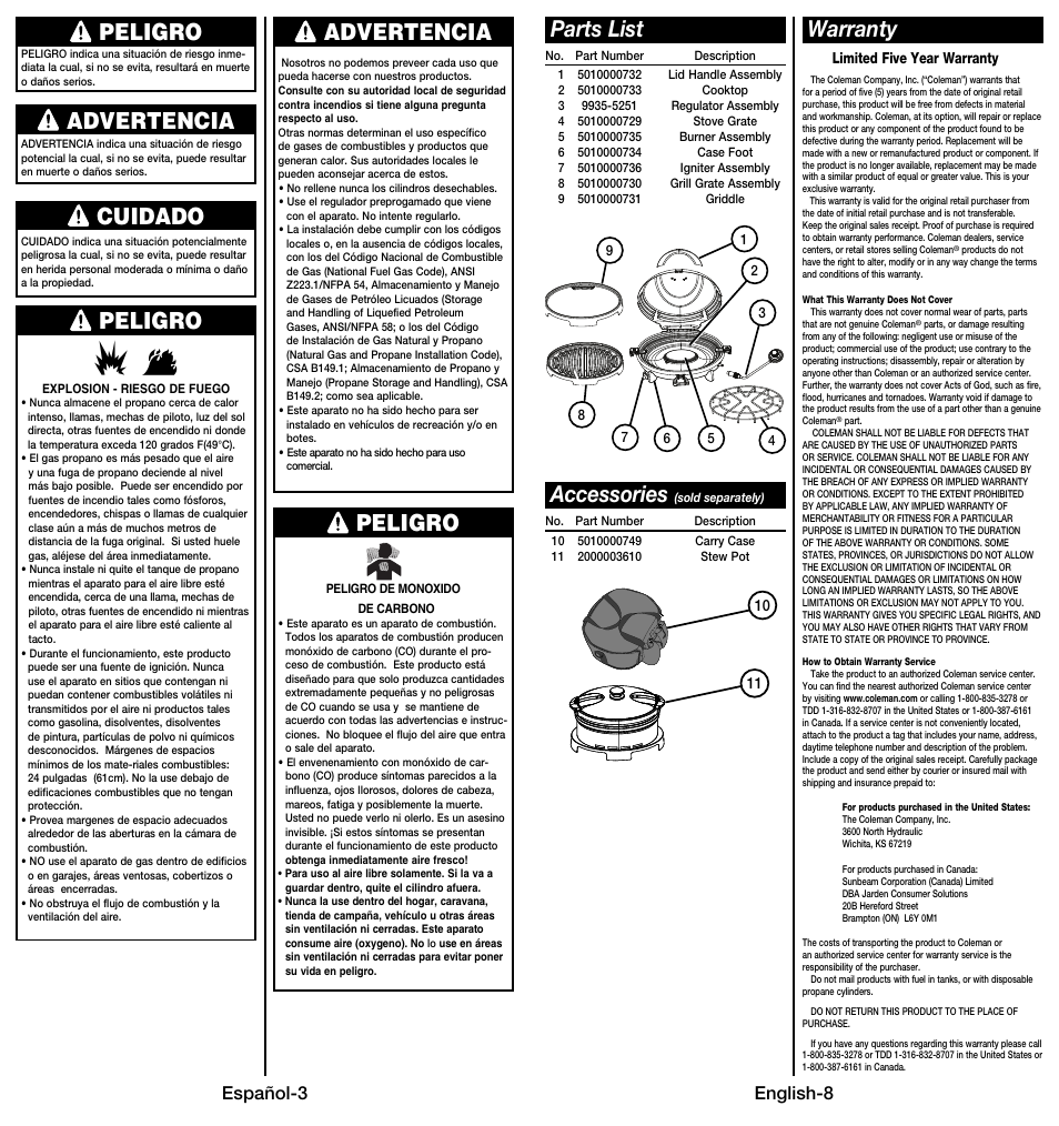 Peligro, Peligro cuidado advertencia advertencia peligro, Parts list accessories | Warranty, Español-3, English-8 | Coleman 9914 User Manual | Page 9 / 14