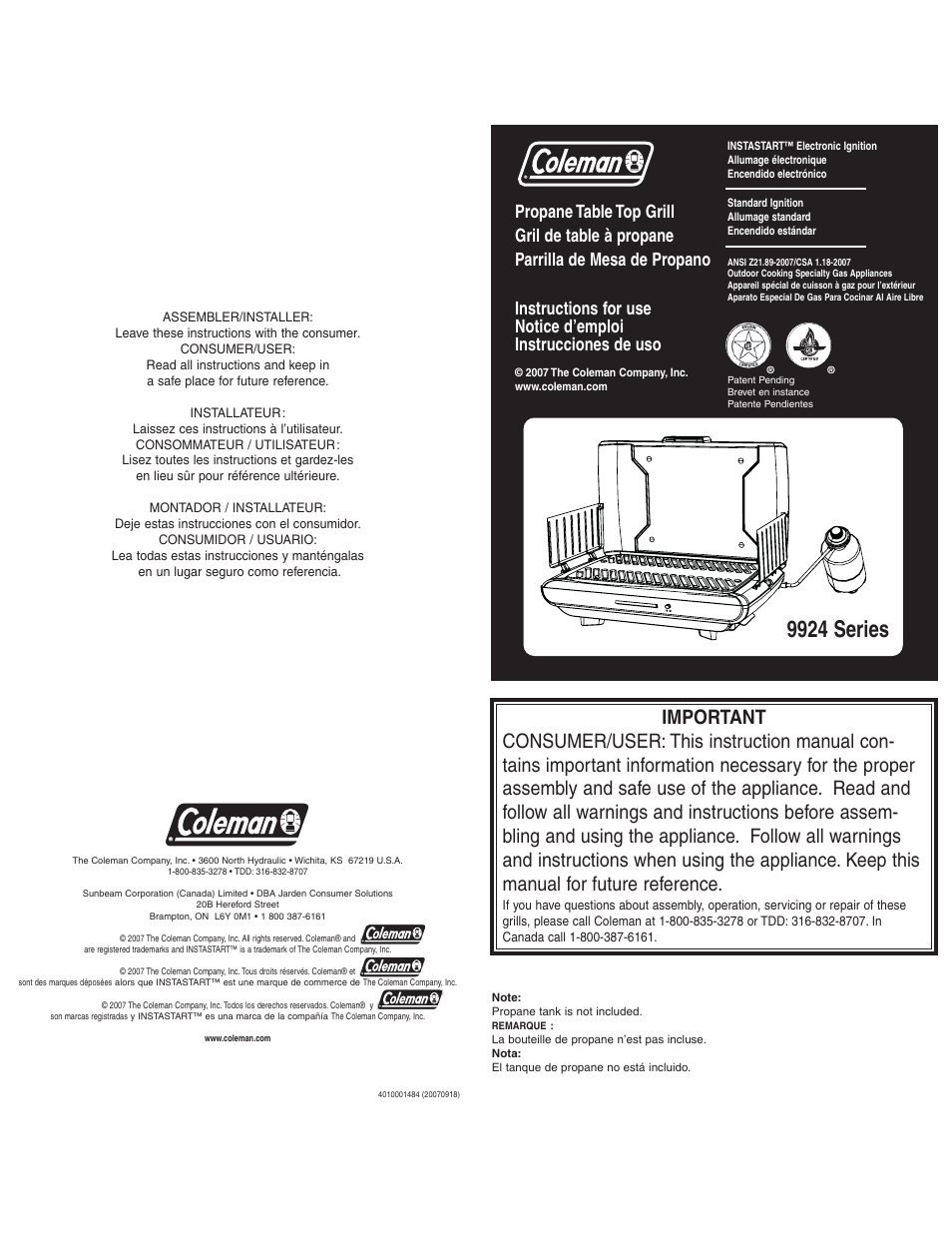 Coleman 9924 User Manual | 14 pages