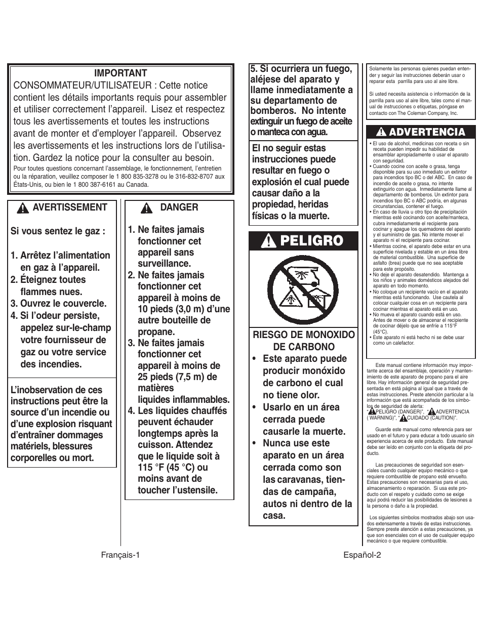 Peligro, Advertencia | Coleman 9924 User Manual | Page 10 / 14