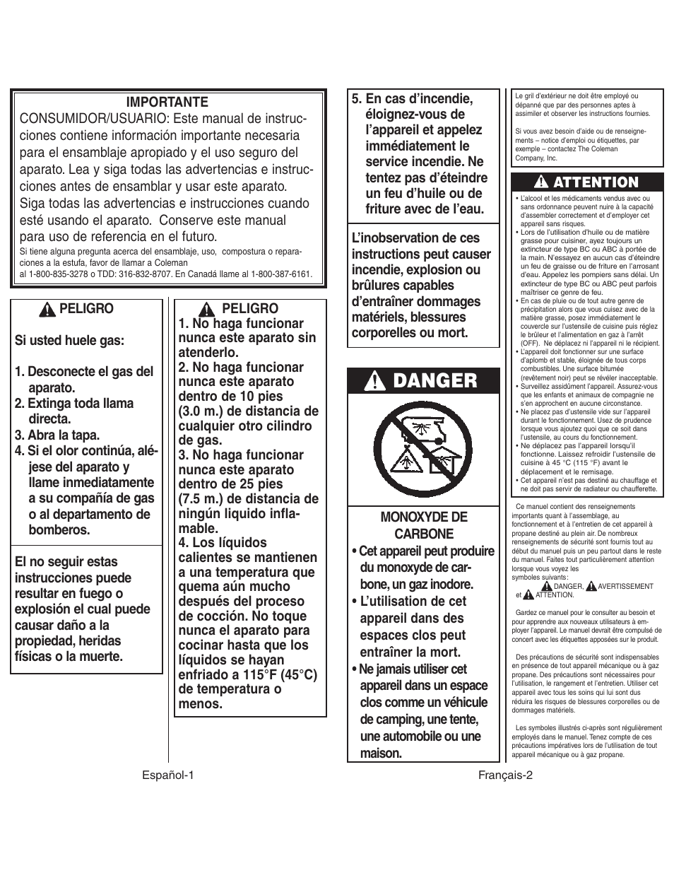 Danger, Attention | Coleman 9924 User Manual | Page 11 / 14