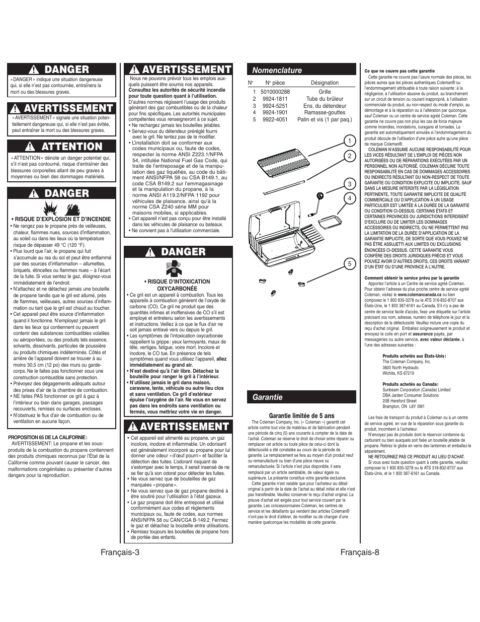 Danger, Avertissement, Attention | Français-8 garantie, Nomenclature, Français-3 | Coleman 9924 User Manual | Page 12 / 14