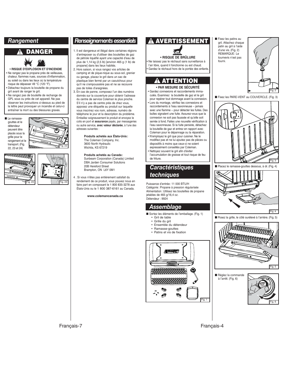 Rangement danger, Renseignements essentiels, Avertissement | Attention, Caractéristiques techniques, Assemblage, Français-7, Français-4 | Coleman 9924 User Manual | Page 13 / 14