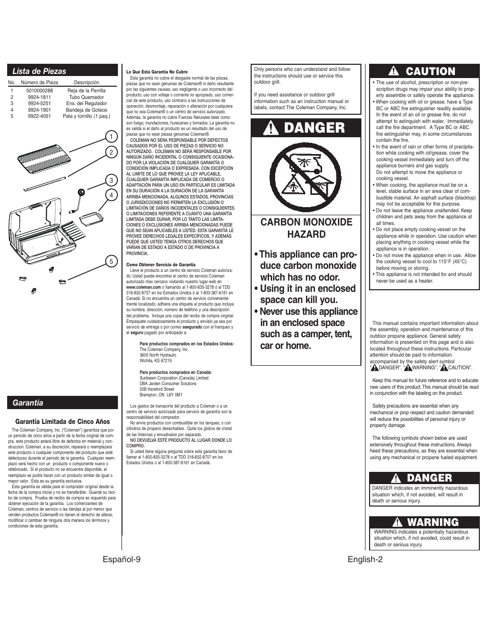 Caution, Warning, Danger | Español-9 garantia, Lista de piezas, English-2 | Coleman 9924 User Manual | Page 3 / 14